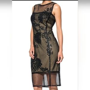 Tadashi Shoji Black and Nude Floral Midi Dress Size 8